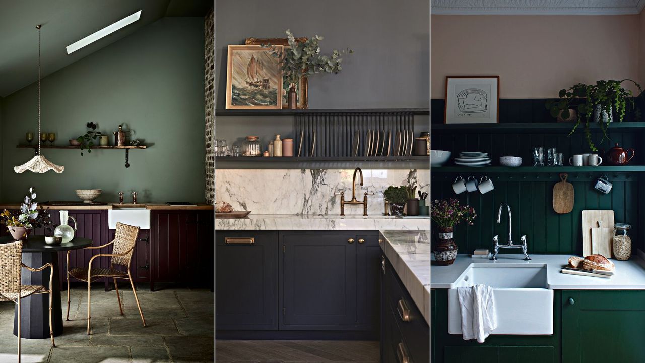 A compact kitchen with muted sage green wall and small dining area below a sloped roof / A kitchen with marble backsplash, black cabinets, and dark grey walls / A two toned kitchen with dark green panelling and cabinets and a light pink around the top of the wall