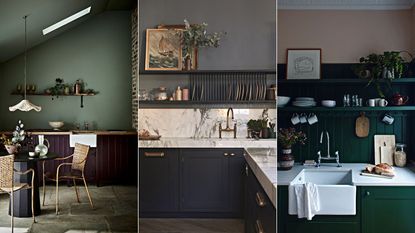A compact kitchen with muted sage green wall and small dining area below a sloped roof / A kitchen with marble backsplash, black cabinets, and dark grey walls / A two toned kitchen with dark green panelling and cabinets and a light pink around the top of the wall
