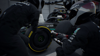 Pit crew working on an F1 car.