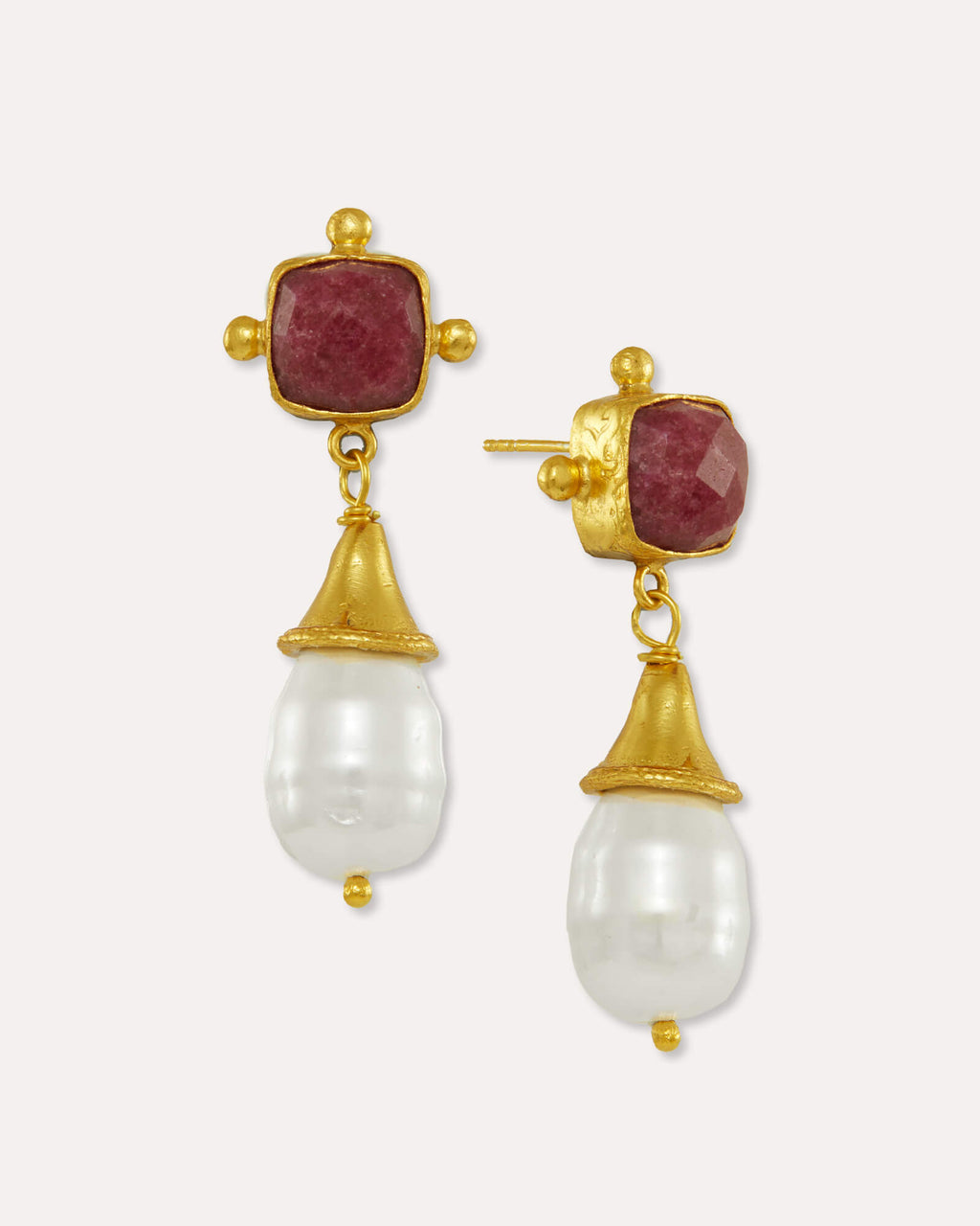 Esmeray Ruby and Pearl Drop Stud Earrings