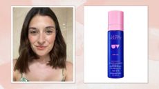 Two images side by side in a pink watercolour frame, one of beauty editor jess beech with clear skin, one of ultra violette preen screen spf50 in a blue bottle