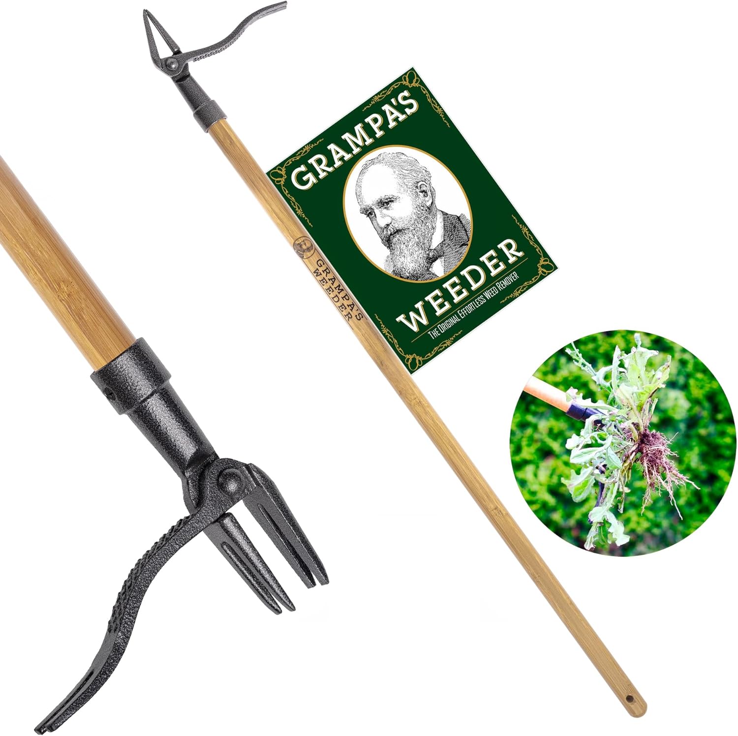 Grampa's Weeder - the Original Stand Up Weed Puller Tool With Long Handle - Made With Real Bamboo &amp;amp; 4-Claw Steel Head Design - Easily Remove Weeds Without Bending, Pulling, or Kneeling.
