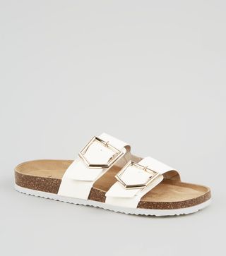 Off white leather look buckle strap sliders