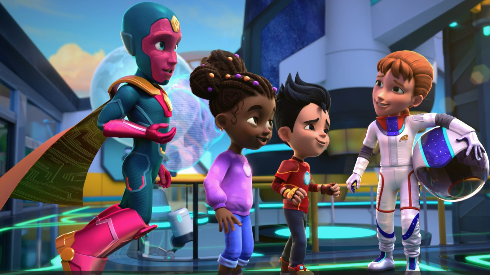 Animated characters stand in a line. From left, a blue and pink man wearing a cape floats next to a young black girl, young white boy, and an astronaut with long hair, holding her space helmet.