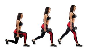 Woman performs dumbbell split squat