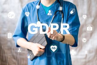 A photo of a doctor with GDPR overlayed in the foreground
