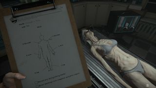 The Mortuary Assistant screenshot of a cadaver being prepared for embalming, with player character Rebecca holding up a clipboard to note any important markings on the corpse