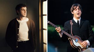 Left-Paul Mescal of "Hamnet" poses in the Getty Images Portrait Studio Presented by IMDb and IMDbPro during the Toronto International Film Festival at InterContinental Toronto Centre on September 06, 2025 in Toronto, Ontario; Right-Paul McCartney playing bass and singing during the concert of British band The Beatles at the Velodromo Vigorelli. Milan, 24th June 1965