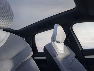 Front car seats with headrests beneath glass sunroof