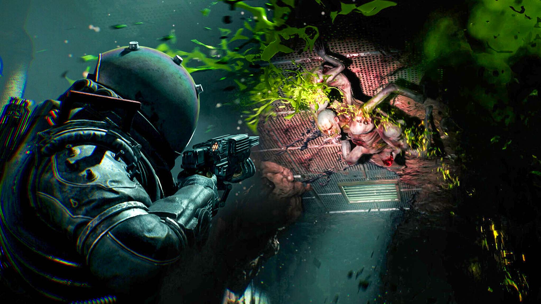 Screenshot from Cronos: The New Dawn showing the main character shooting a monster on the cieling.