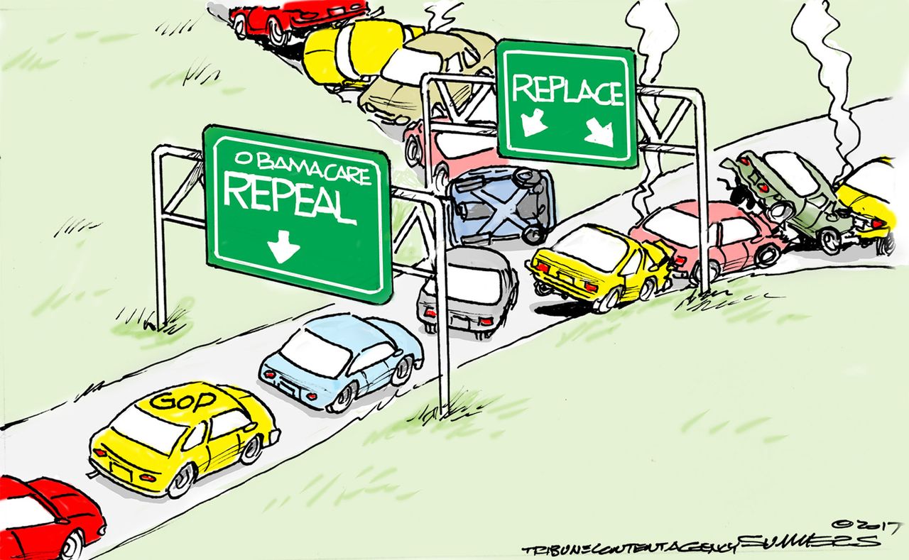 Political Cartoon U.S. GOP Obamacare cars repeal replace failure