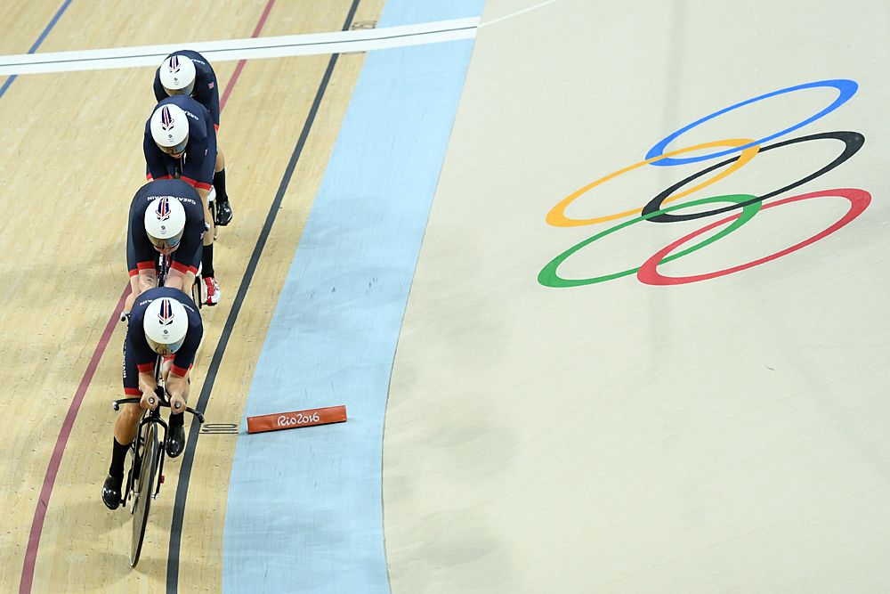 Katie Archibald, Laura Trott, Elinor Barker and Joanna Rowsell-Shand of Great Britain compete in the Women's Team Pursuit Track Cycling Qualifying