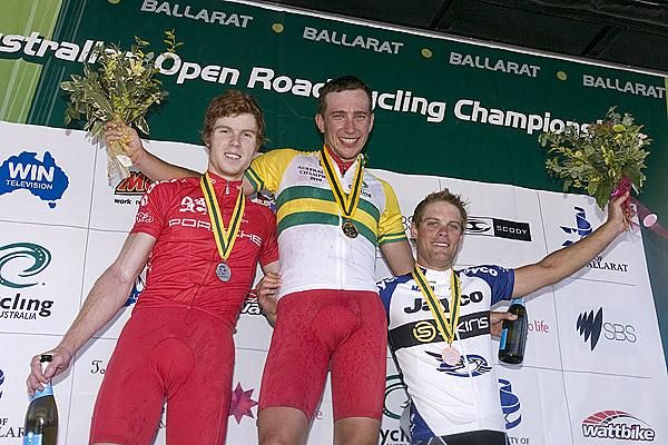 The men's under 23 podium (l-r): Thomas Palmer (2nd), Daniel Braunsteins (1st), and Malcolm Rudolph (3rd).