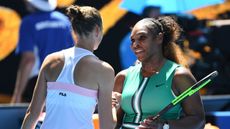 Karolina Pliskova is congratulated by Serena Williams at the Australian Open