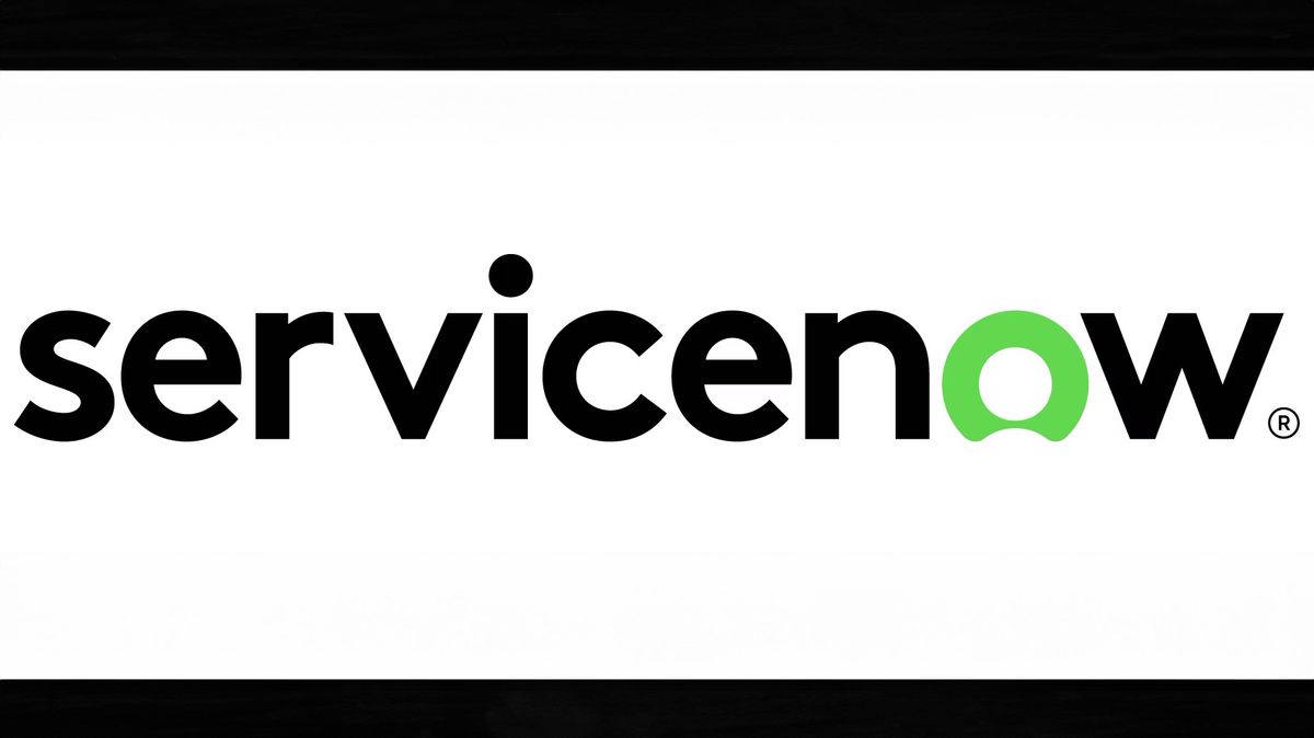 The ServiceNow logo on a white and black background