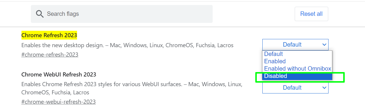 Set Chrome Refresh 2023 to Disabled