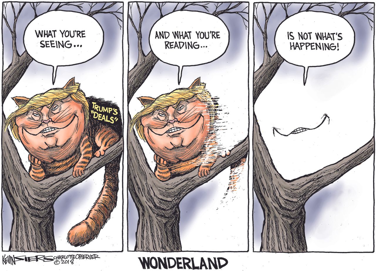 Political cartoon U.S. Trump deals Alice in Wonderland Cheshire Cat fake news