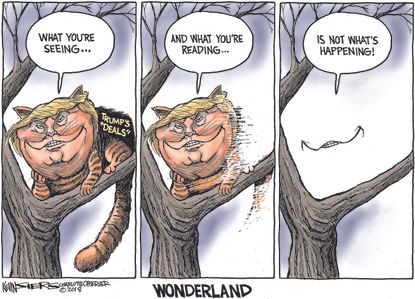 Political cartoon U.S. Trump deals Alice in Wonderland Cheshire Cat fake news