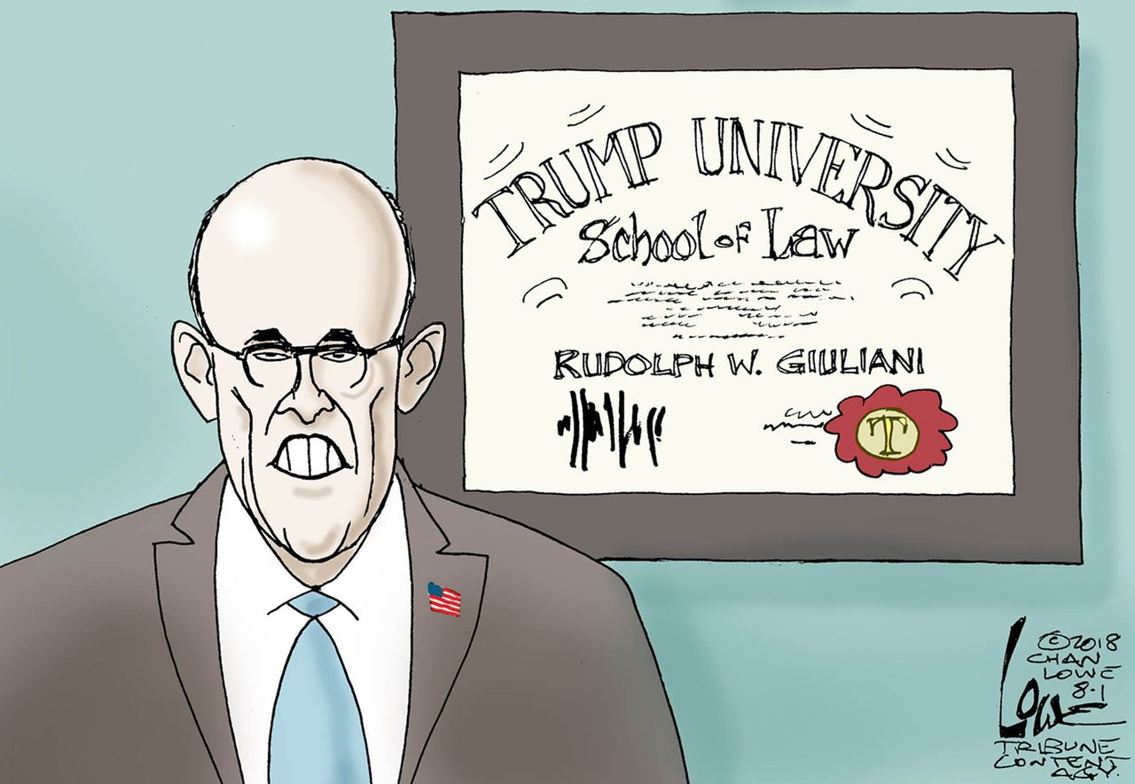 Political cartoon U.S. Rudy Giuliani Trump collusion university school of law