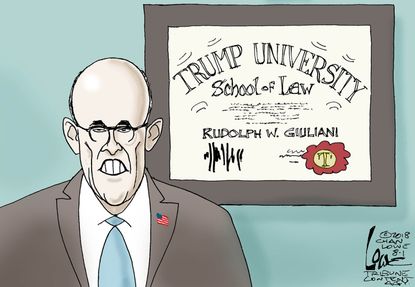 Political cartoon U.S. Rudy Giuliani Trump collusion university school of law