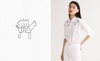 Two images. Left, a simple drawing of a horse with wings. Right, an Asian woman wearing a white top with the drawing on it and white jeans.