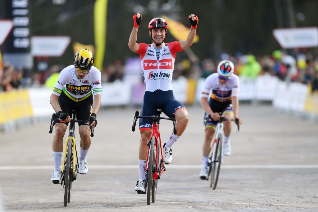 VALLTER SPAIN MARCH 21 Giulio Ciccone of Italy and Team TrekSegafredo celebrates at finish line as stage winner ahead of Primoz Roglic of Slovenia and Team JumboVisma Green leader jersey and Remco Evenepoel of Belgium and Team Soudal QuickStep Yellow best young jersey during the 102nd Volta Ciclista a Catalunya 2023 Stage 2 a 1654km stage from Matar to Vallter 2135m VoltaCatalunya102 on March 21 2023 in Vallter Spain Photo by David RamosGetty Images