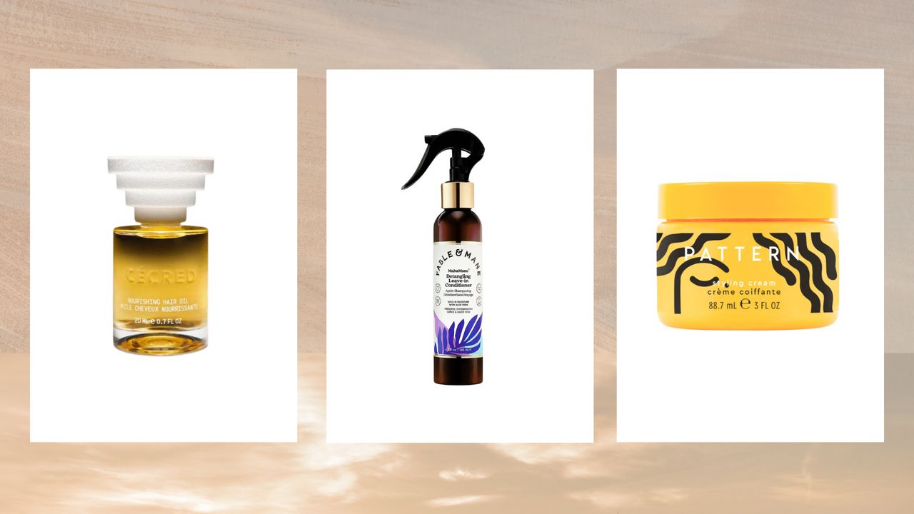 Collage of three of the natural haircare products for Black hair featured in this guide from Cecred, Fable &amp; Mane and Pattern, in white boxes on a neutral-coloured background