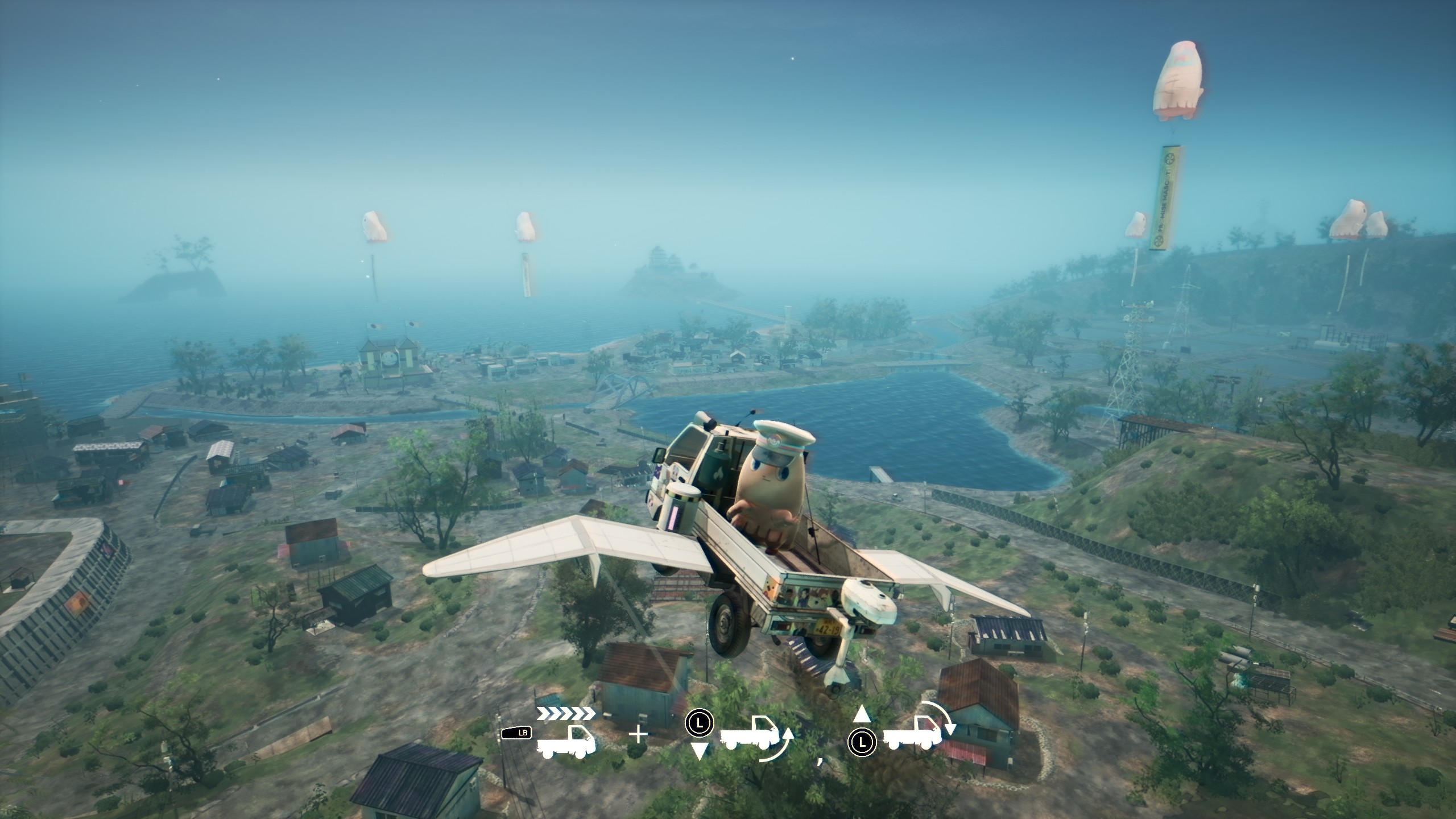 Promise MAscot Agency - a Kei truck with wings flies over an island
