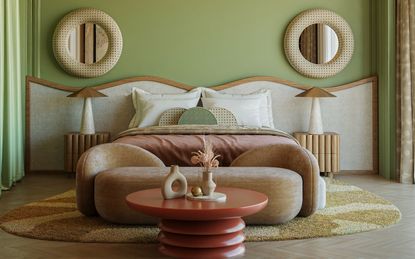 A pale green bedroom with symmetrical layout