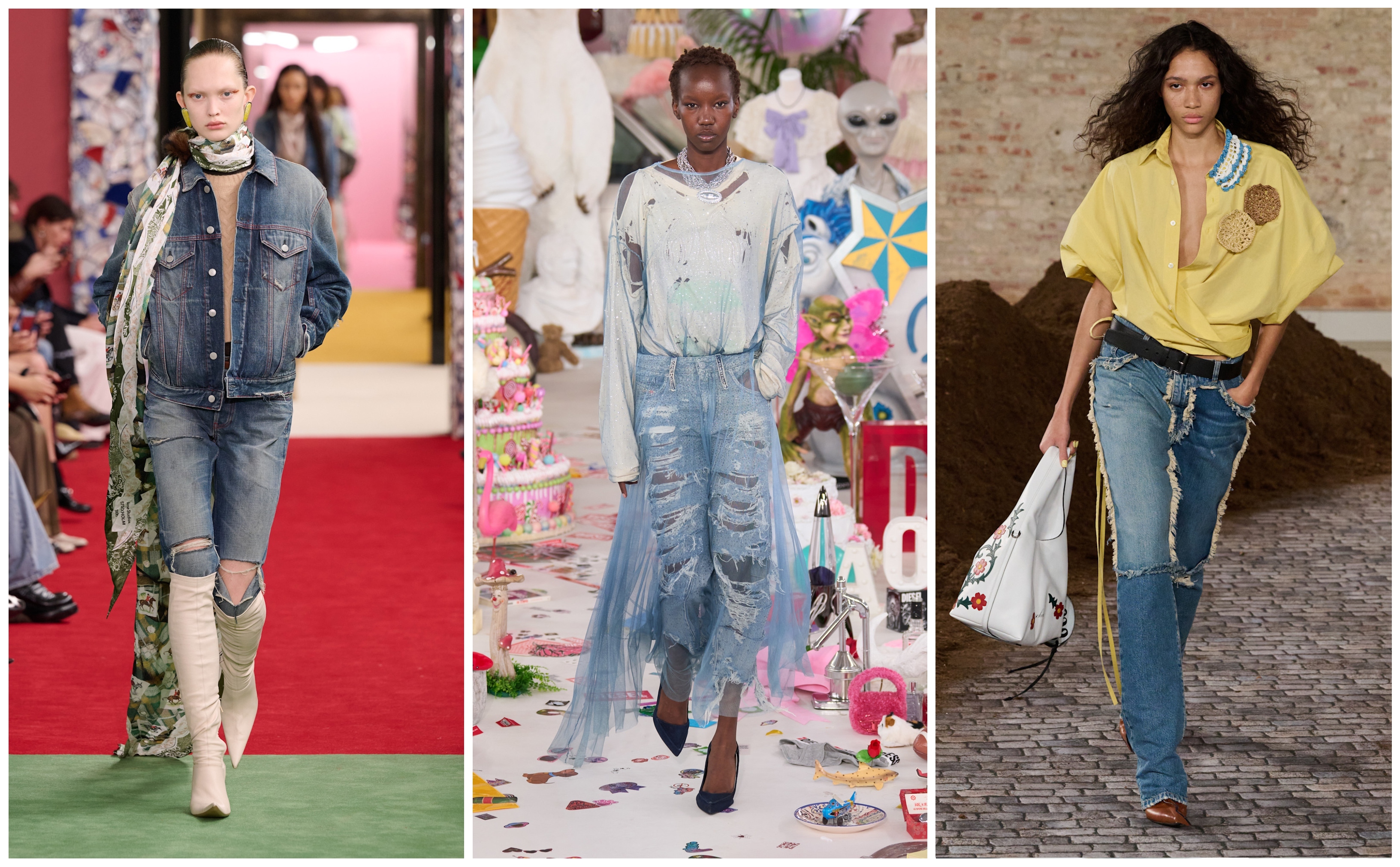 ripped denim on the fall 2026 runways of Acne Studios, Diesel, and Moschino