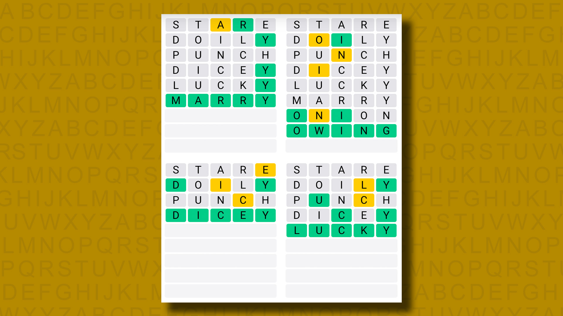 Quordle Daily Sequence Answers for Game 969 on a yellow background