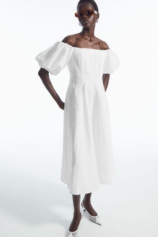 Off-The-Shoulder Puff-Sleeve Midi Dress