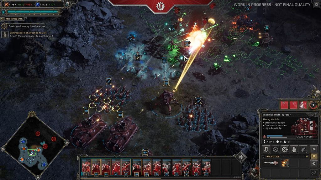 A tactical sci-fi video game screenshot features a battlefield with armored military units and tanks. Explosions and laser beams light up the scene, reflecting intense combat.