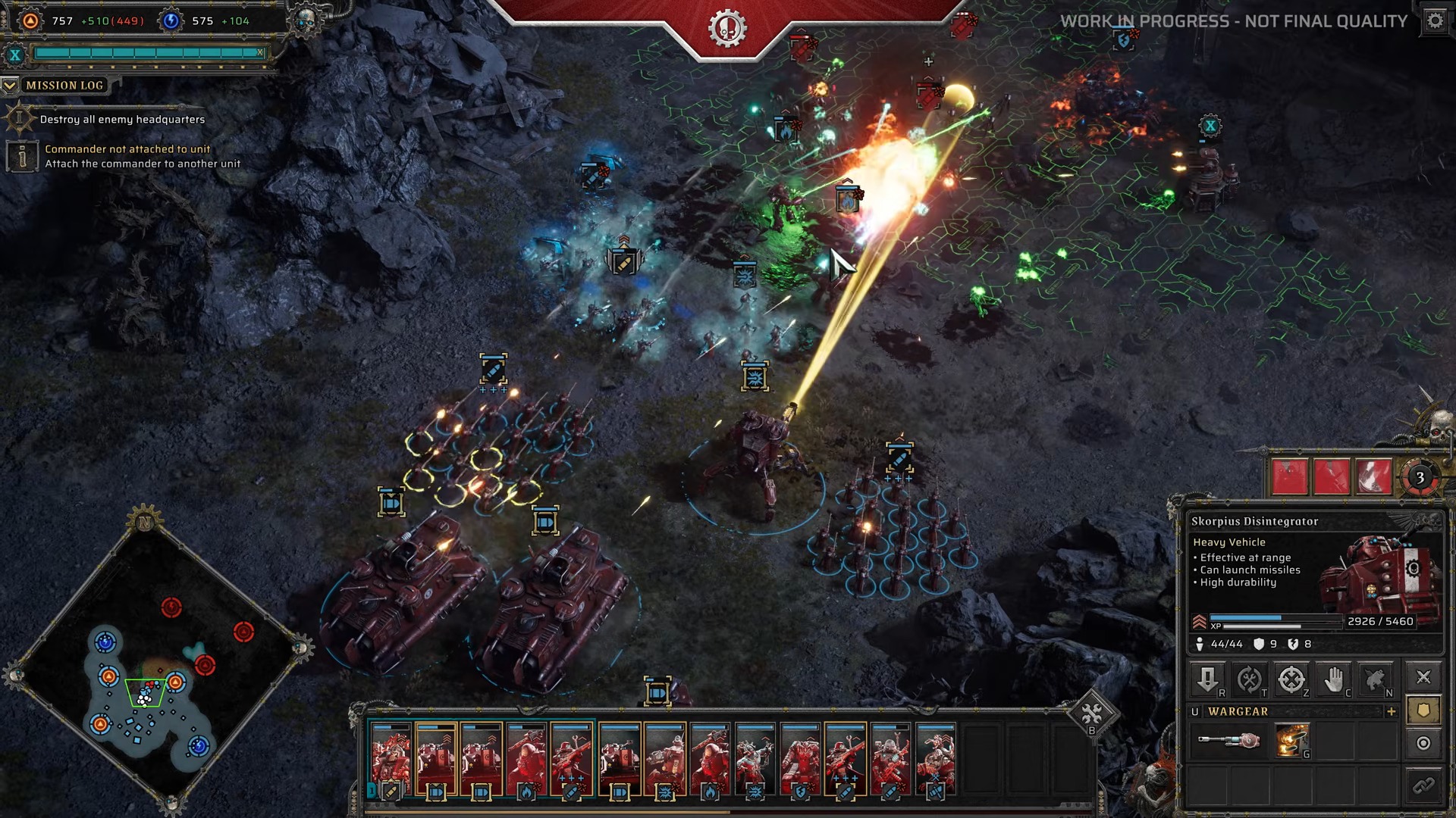 A tactical sci-fi video game screenshot features a battlefield with armored military units and tanks. Explosions and laser beams light up the scene, reflecting intense combat.