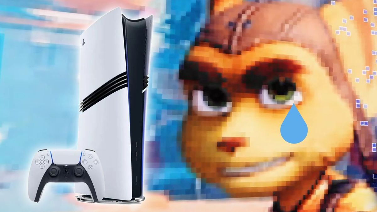 PS5 Pro and controller next to pixellated Ratchet with tear drop on face