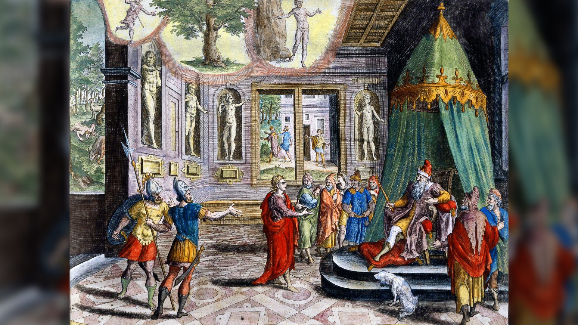 A hand coloured engraving from 1585 of Daniel Interpreting the Dream of Nebuchadnezzar II.
