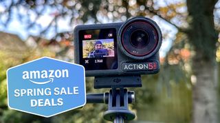 The DJI Osmo Action 5 Pro against a blurred background of trees and greenery, with a Tom's Guide Amazon Spring Sale badge in the lower left corner.