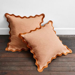 Fall throw pillow cut out with scalloped edge in peach two pack