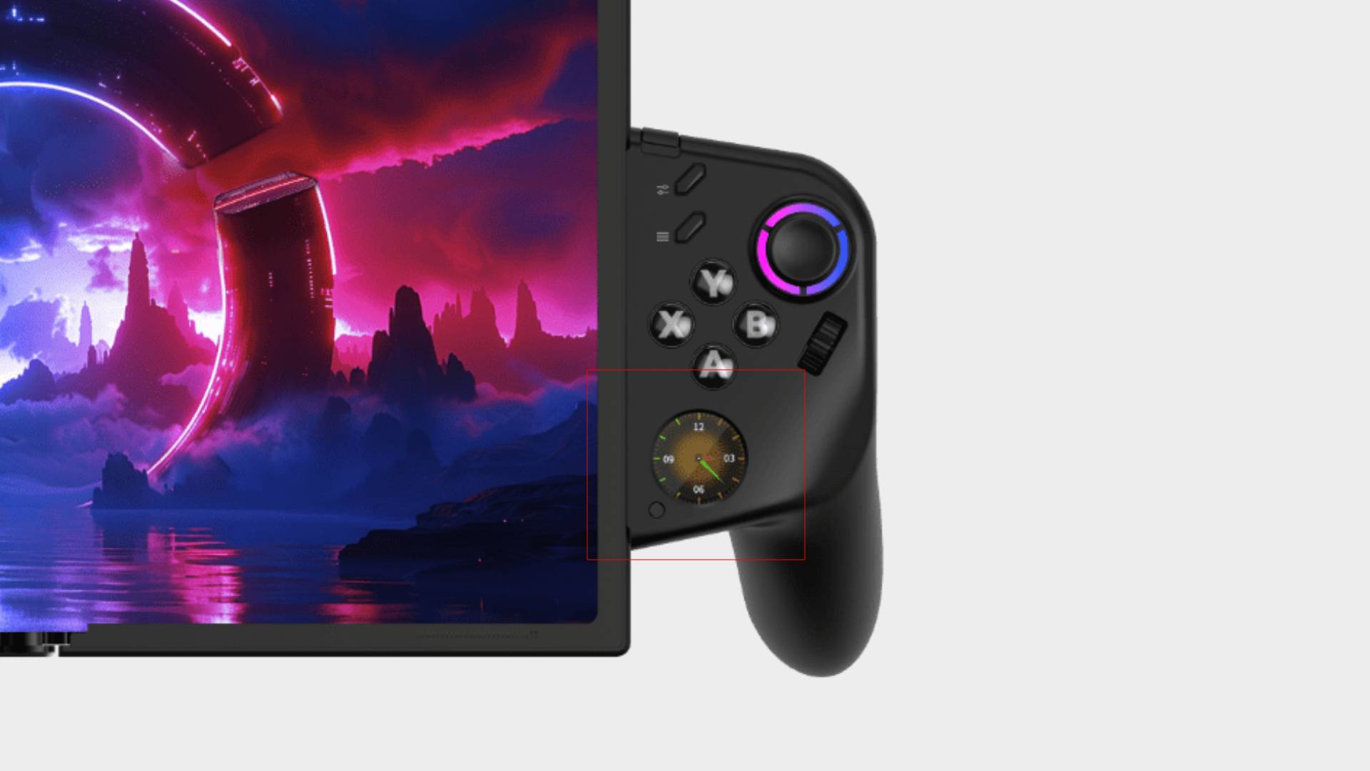 Close up of concept Legion Go Fold controller screen with clock.