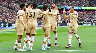 Chelsea players celebrate after Joao Felix scores against West Ham at the London Stadium in the Premier League in February 2023.