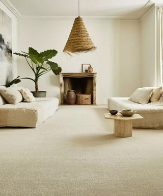 A neutral living room with carpet and plants