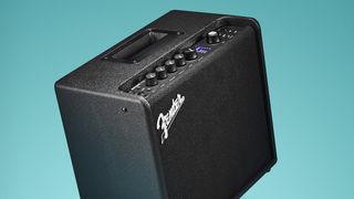 The Fender Mustang LT25 amp on a blue background