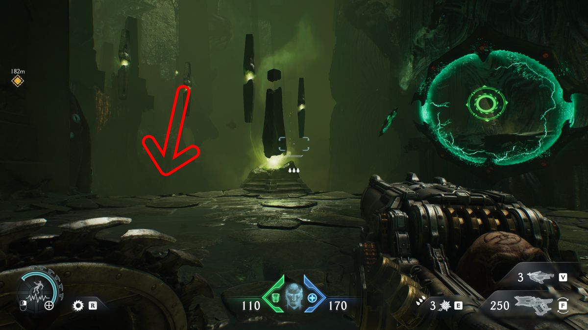 Doom: The Dark Ages Chapter 15 secrets City of Ry'uul - An arrow pointing off a ledge at a hidden path, near a launch ring.