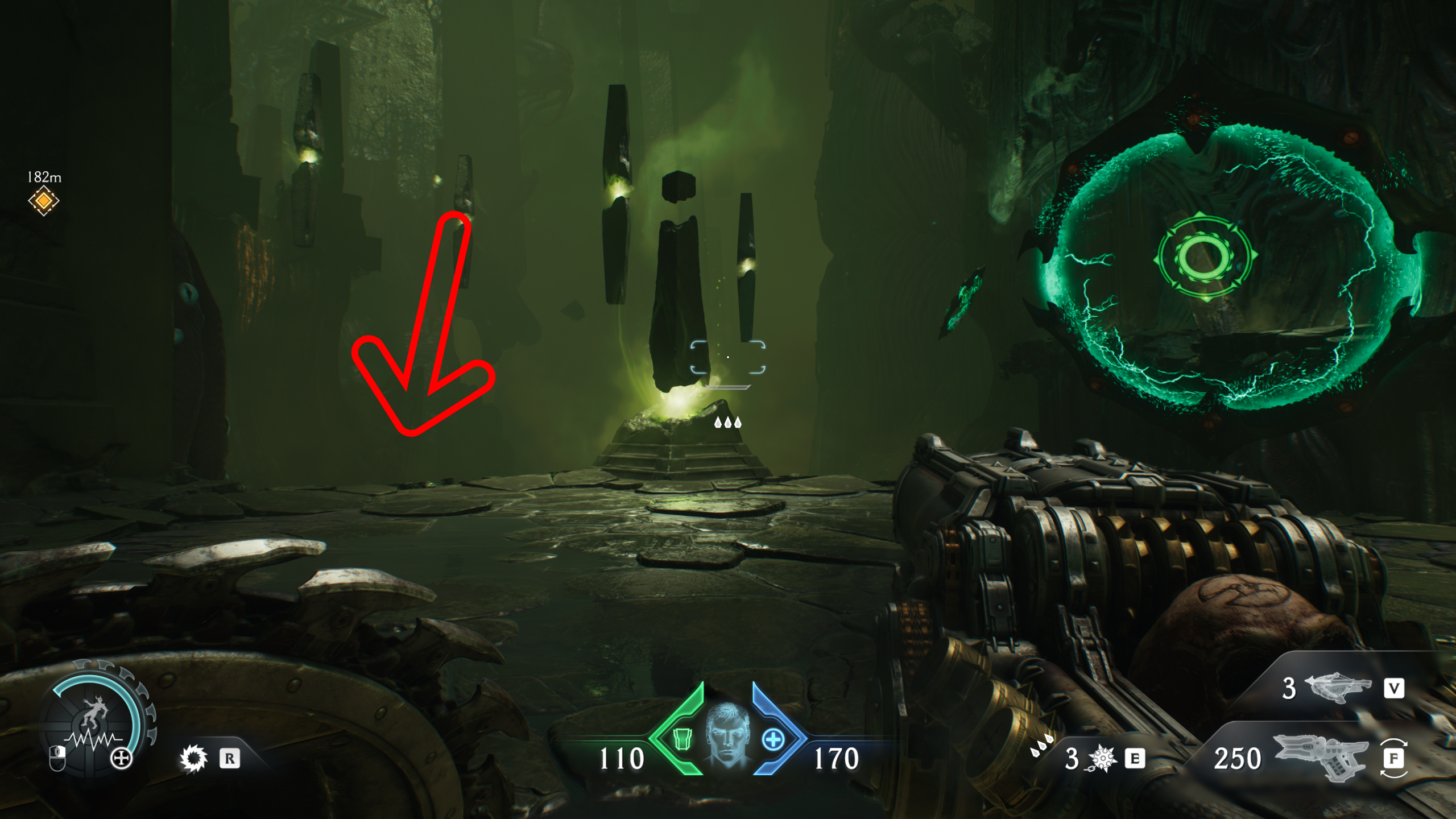 Doom: The Dark Ages Chapter 15 secrets City of Ry'uul - An arrow pointing off a ledge at a hidden path, near a launch ring.