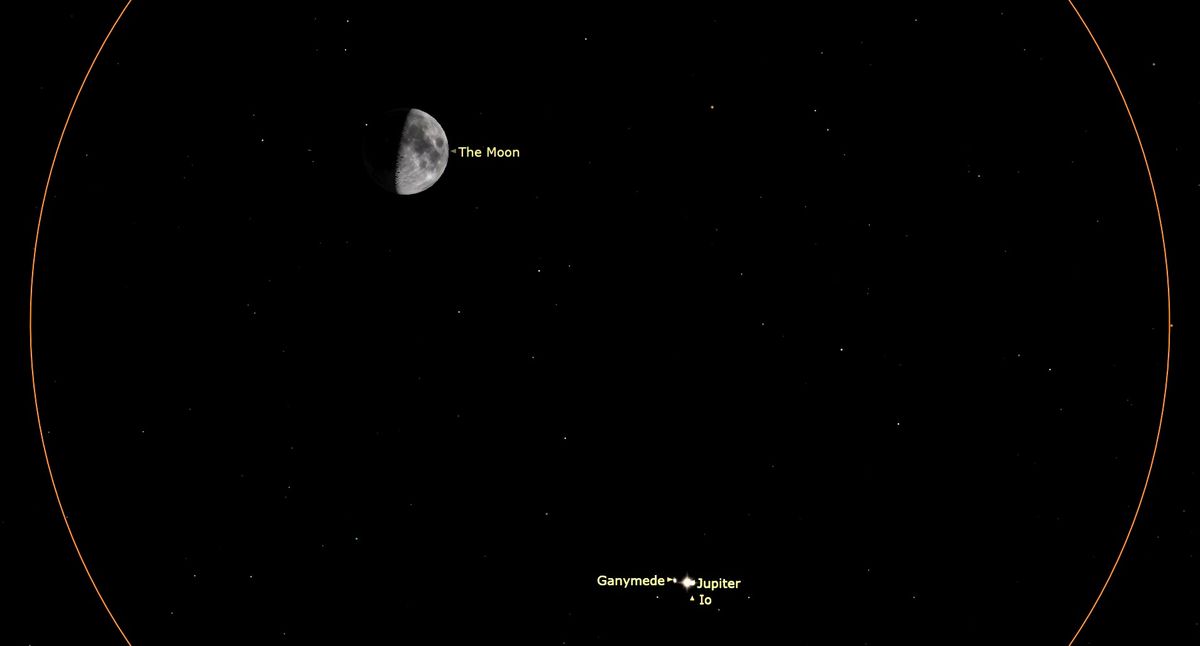 See a bright half moon meet up with Jupiter in the night sky