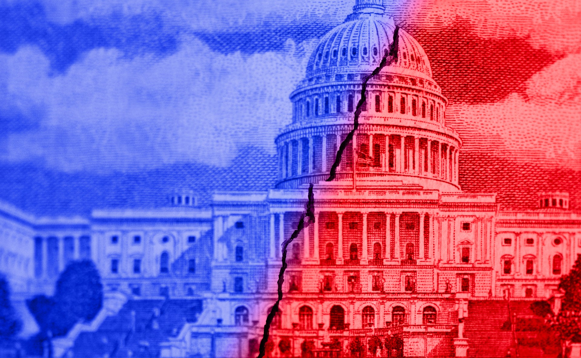 half blue half red overlay on white house photo