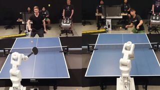 Two video snapshots of the Google DeepMind AI robot playing table tennis against human opponents