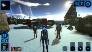 Knights of the Old Republic screenshot showing a rookie, a ship and a blue Jedi character