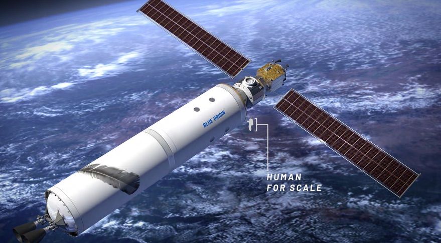 An illustration of a commercial space station based on a New Glenn upper stage, part of a summary submitted by Blue Origin, one of a dozen companies that performed LEO commercialization studies for NASA in 2018.