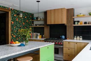 A kitchen with primary color palette